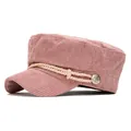 Stylish pink corduroy navy style flat top hat featuring rope trim and silver button - 58cm / Pink Purple