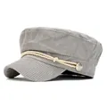 Grey corduroy baker boy hat featuring a decorative rope and metallic side button - 58cm / Grey Green