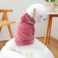 Detailed side view of a white dog wearing a premium soft pink velvet pet hoodie outfit - Velvet Hoodie - Pink