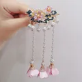 Vintage Chinese style hair clip with pearls, tassels, and flower charms for Hanfu outfits. - Auspicious Cloud Pearl Tassel Style (F01-028) / Pink