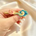 Vintage Chinese style enamel cloud hair clip featuring elegant pearl tassels for Hanfu - Auspicious Cloud Enamel Style (F01-013) / Gold