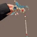 Traditional Chinese style hair clip featuring blue enamel butterfly and elegant pearl tassels - Cloisonné Butterfly Artificial Pearl Long Tassel Hair Clip (F01-028) / Blue