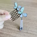 Elegant vintage butterfly hair comb with delicate pearl tassels and light blue wings - Black Double Butterfly Artificial Pearl Hair Comb (F01-029) / Black