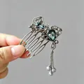 Elegant vintage butterfly hair comb accessory featuring blue stones and pearl tassels - Butterfly Rhinestone Artificial Pearl Tassel Hair Comb (F01-029) / Blue