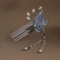 Vintage blue butterfly hair comb with delicate pearl tassels for Hanfu headwear accessories. - Black Single Butterfly Artificial Pearl Hair Comb (F01-029) / Black