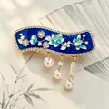Vintage Chinese style blue enamel hair clip featuring floral patterns and pearl tassels - Enamel Flower Butterfly Tassel Style (F01-002) / Blue