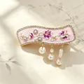 Vintage Chinese style pink enamel hair clip with butterfly design and hanging pearl tassels - Enamel Flower Butterfly Tassel Style (F01-002) / Pink