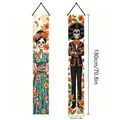 Day of the Dead Mexican party banners with skull and floral designs, 180x30cm pair - Charro and Catrina Skeleton (Style 23) / 2 Pieces/Pack (100D) / Colorful