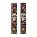 Day of the Dead decorative door banners 180x30cm featuring colorful sugar skulls and flowers - 黑色背景糖果颅骨款式(对联19) / 100D (ai-2件/包) / Colorful