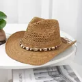 Cappello da cowboy in paglia con fascia etnica decorata con conchiglie e perline - M (56-58cm) / Stile Decorazione Perline di Legno Conchiglia Cachi (25) / Cachi