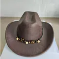 Cappello da cowboy western in finta pelle scamosciata con fascia etnica di perline per l'esterno - M (56-58cm) / Stile Cinturino Perline di Legno Etnico Marrone Scuro (30) / Marrone Scuro