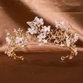 Elegant bridal tiara featuring handmade white flowers, gold butterflies and rhinestones - Champagne