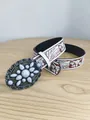 Close-up of retro belt with white marble stone buckle and western style floral prints - 100cm / White