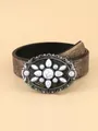Vintage bronze floral printed wide belt with white faux gemstone buckle - 100cm / Camel