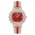 Luxury women's quartz watch featuring red glitter dial and rose gold crystal encrusted band - Rose-shelled Red Face With Red Diamond Rose Ribbon