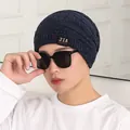 Men's soft navy blue core-spun yarn knit beanie for winter skiing and casual wear - Four Horizontal Stripes Made Blue. / One Size