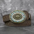 Close-up detail of a vintage Western style women's belt buckle with turquoise and pearls - Coffee / 115cm
