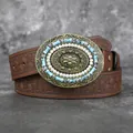 Close-up detail of vintage women's leather belt with ornate turquoise and pearl buckle - Dark Brown / 115cm
