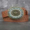 Close-up of vintage Western belt with pearl and turquoise buckle and floral embossed leather. - Amber / 115cm