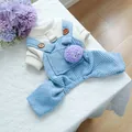 Blue corduroy pet overalls with cute purple pom-pom decoration for small dogs and cats - Elf Overalls / XS (Weight 1.5kg)