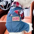 Red plaid pet shirt with blue denim suspender overalls for small dogs - Denim Knight Suspenders / XS (Weight 1.5kg)