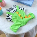 T-shirt pour animaux rayé noir et blanc avec salopette verte de dinosaure - Salopette Petit Dragon Vert