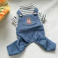 Mignon ensemble de salopette en jean pour chien avec broderie ours et chemise rayée - Salopette À Bulles Petit Ours