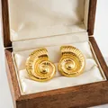 Gold-plated stainless steel ammonite shell earrings in a vintage wooden gift box. - Gold Vintage Spiral Snail Shell Studs (BJGE0761)