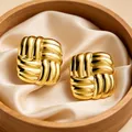 Elegant square woven gold-plated stud earrings in a wooden jewelry box with satin lining - Gold Woven Square Knot Studs (BJ006)