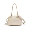 Elegant beige woven faux leather shoulder bag with braided handles and long strap - White