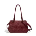 Elegant burgundy woven leather bucket bag with braided handles and crossbody strap - Red