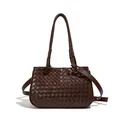 Sophisticated dark brown woven leather shoulder bag with stylish braided handles - Coffee