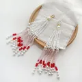Handmade Chinese style beaded tassel pendant with pearls and red crystals for DIY crafts - Crystal Seed Bead Style / 31# Scarlet Snow Condensate