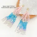 Elegant long beaded tassel pendant featuring pink, blue, lavender crystals and white pearls - Crystal Seed Bead Style / Length approx 123.2mm / 34# Peach Wave Chasing Sun
