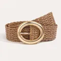 Bohemian woven straw belt with a large polished gold circular buckle for women's dresses - 864 Dark Brown Coffee / 105cm