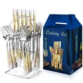 Luxury 24-piece stainless steel cutlery set with gold handles and metal storage stand - Star Diamond Gold Rack Style