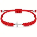 Bracciale intrecciato rosso fatto a mano con croce in acciaio inossidabile lucido regolabile - Bn-0171-rosso