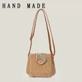 Handmade woven paper rope crossbody bag with decorative colorful flap - Camel