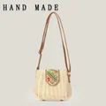 Stylish bohemian crossbody bag with colorful beaded flap and paper rope woven texture - Beige