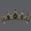 Luxurious vintage Baroque gold tiara headband featuring emerald green and black rhinestones - Antique Gold Green Zircon