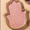 Luxury pink Hamsa Hand ceramic jewelry tray with gold rim and engraved mandala eye - Hand Tray / Pink