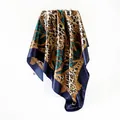 Elegant leopard print satin silk square scarf with gold chain and tassel pattern - D9192-dark Blue / 90x90cm
