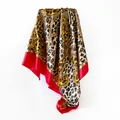 Leopard print silk-like square scarf with red border for women 90x90cm satin - D9192-red / 90x90cm