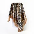 Elegant leopard print large satin silk square scarf with decorative geometric borders - D9192-khaki / 90x90cm