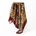 Elegant leopard print satin square scarf featuring golden equestrian chain motifs on white background - D9192-brown / 90x90cm