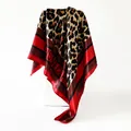 Luxurious leopard print and red satin square silk scarf for women, size 90x90cm drape - D9426-red / 90x90cm