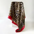 Large leopard print silk-like satin square scarf with a vibrant red border trim for women. - D9446-red / 90x90cm