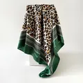 Elegant 90cm leopard print satin square scarf with dark green geometric border detail - D9448-green / 90x90cm
