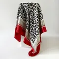 Elegant leopard print satin silk-like square scarf with red border detail. - D9448-red / 90x90cm