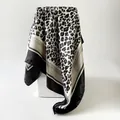 Elegant leopard print satin square scarf with geometric border detail for women's fashion - D9448 - Black / 90x90cm